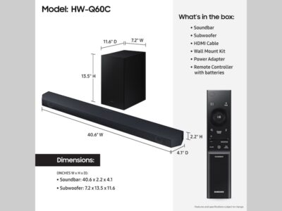 SAMSUNG-HW-Q60C/ZA 3.1ch Soundbar w/Dolby Audio, Q-Symphony, Adaptive Sound Lite, HDMI eARC, Game Mode, Bluetooth, Tap Sound, Wireless Surround Sound Compatible (Newest Model),Black - Image 2