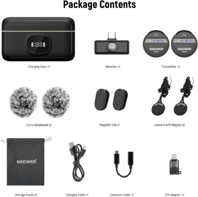 NEEWER - KM18 Wireless Lavalier Microphone System Compatible with iPhone Android Phone PC Laptop Computer, Noise Cancelling Mini Lapel Mic Set with USB C OTG Charging Case 24H Battery 200m Long Range - Image 2